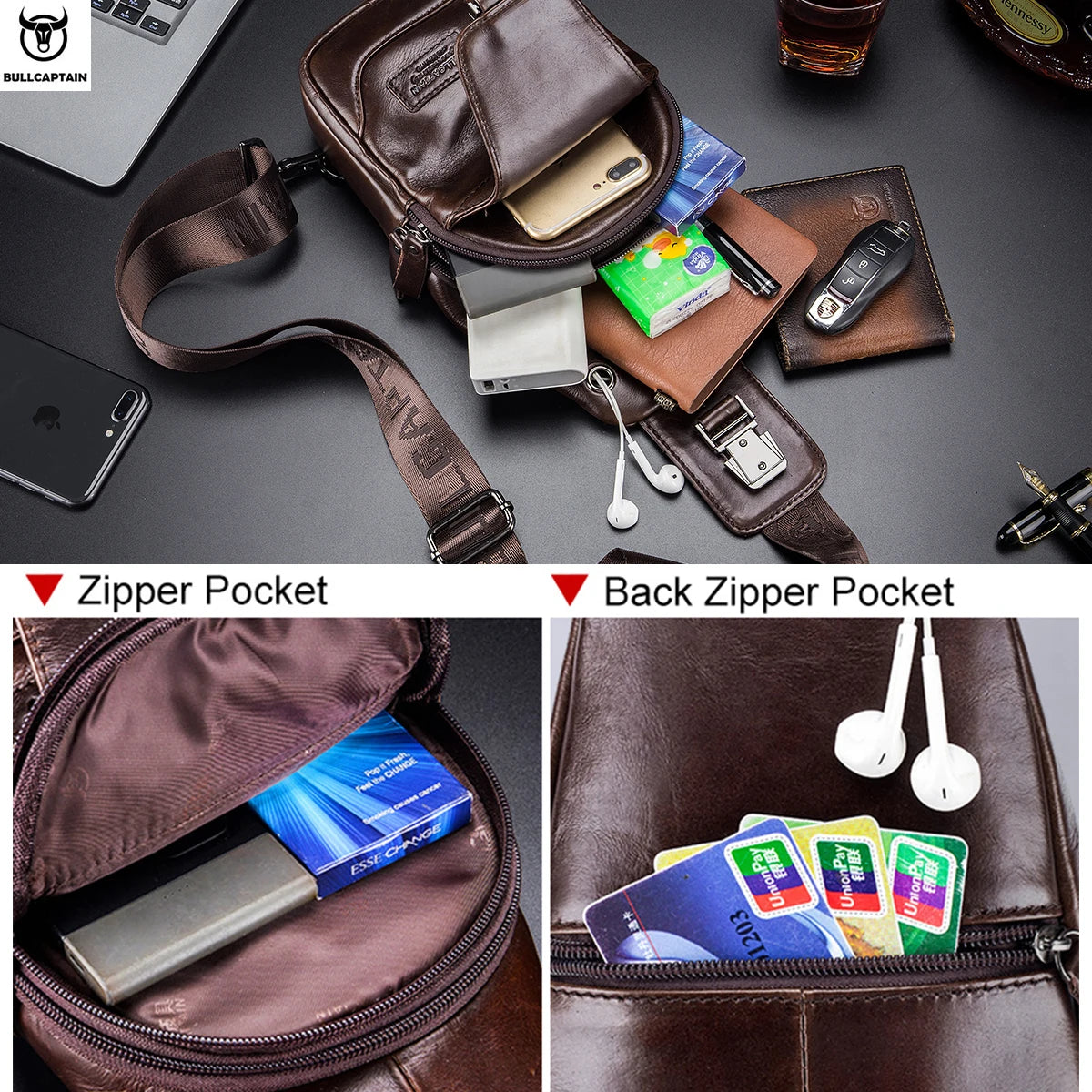 BULLCAPTAIN Leather Sling Backpack Daypack Bag