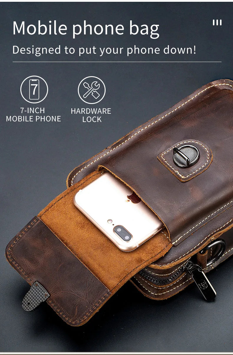 BULLCAPTAIN Men's Crazy Horse Leather Waist Pack