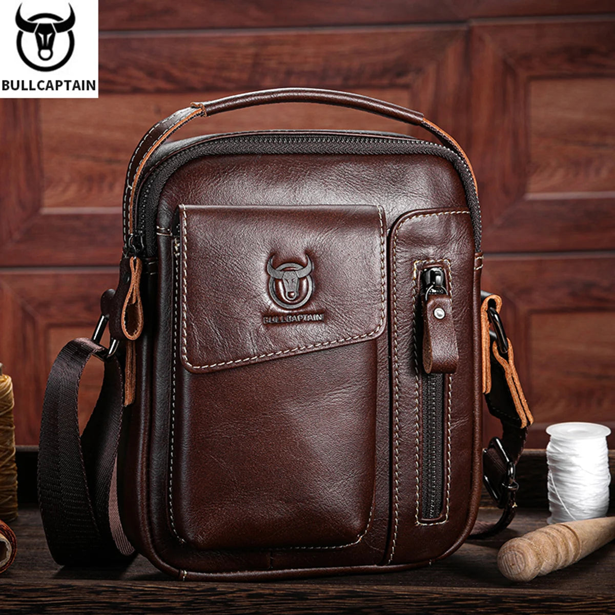 BULLCAPTAIN Men's Leather Messenger Bag
