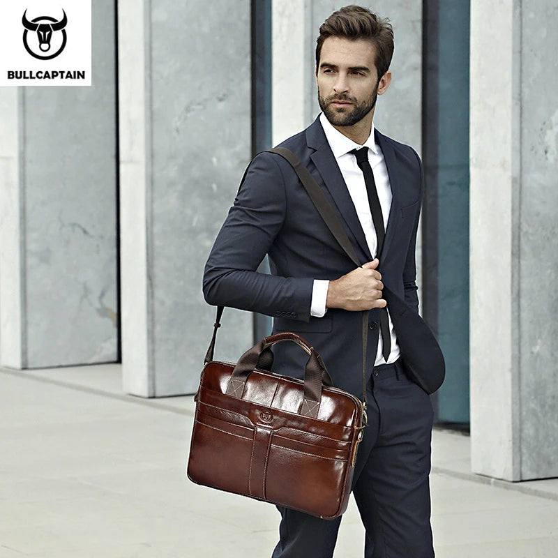 BULLCAPTAIN Leather Laptop Briefcase Bag