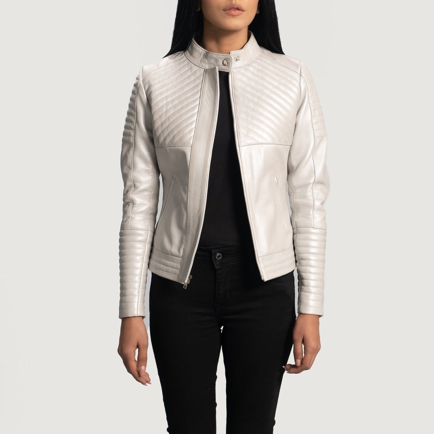 Ice Maiden Silver Quilted Leather Biker Jacket
