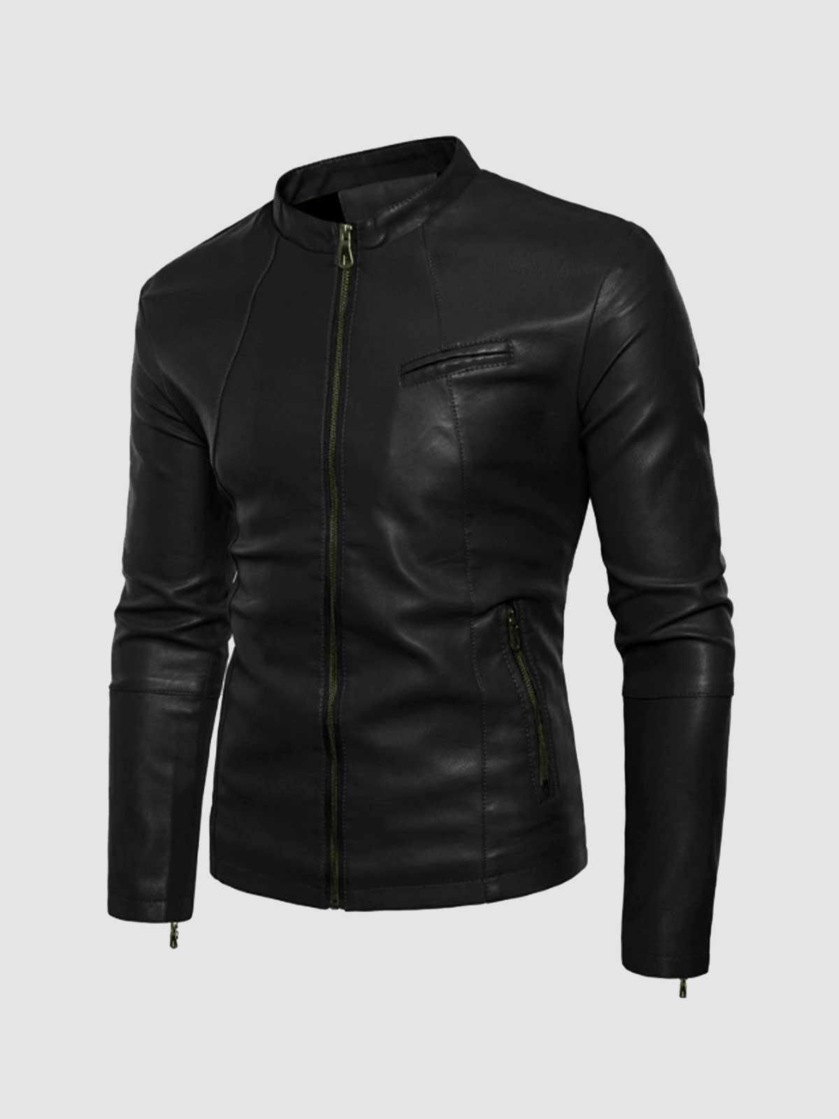 Small Collar Black Leather Jacket