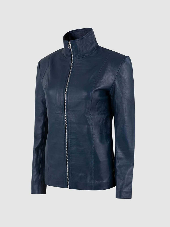 Women Blue High Collar Leather Jacket - Size - XS