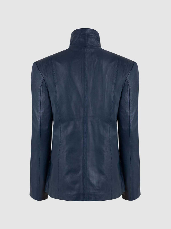 Women Blue High Collar Leather Jacket - Size - XS