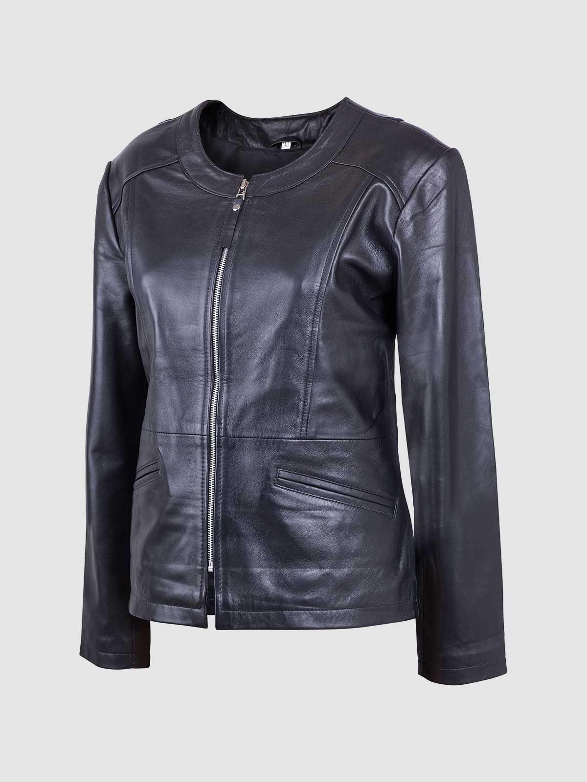 Collarless Leather Biker Jacket