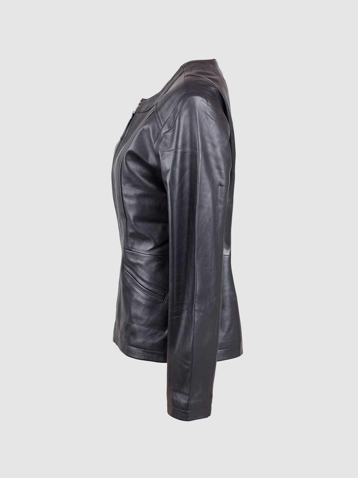 Collarless Leather Biker Jacket