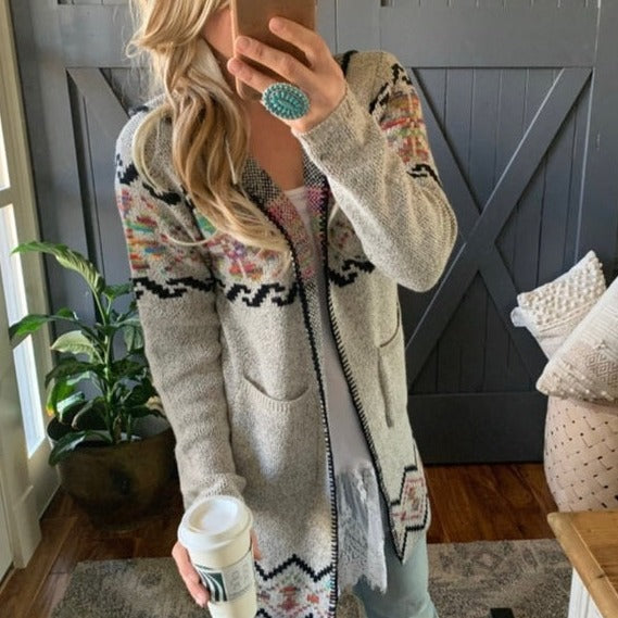 Rock Springs Tribal Print Hooded Cardigan Sweater in Grey