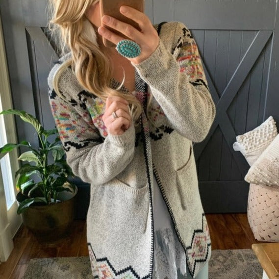 Rock Springs Tribal Print Hooded Cardigan Sweater in Grey