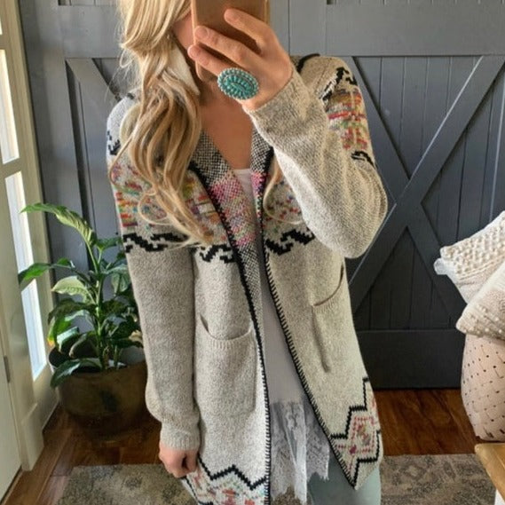 Rock Springs Tribal Print Hooded Cardigan Sweater in Grey