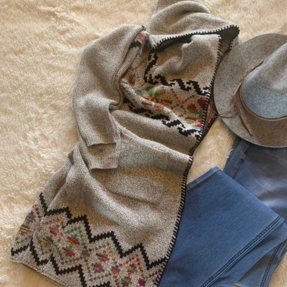 Rock Springs Tribal Print Hooded Cardigan Sweater in Grey