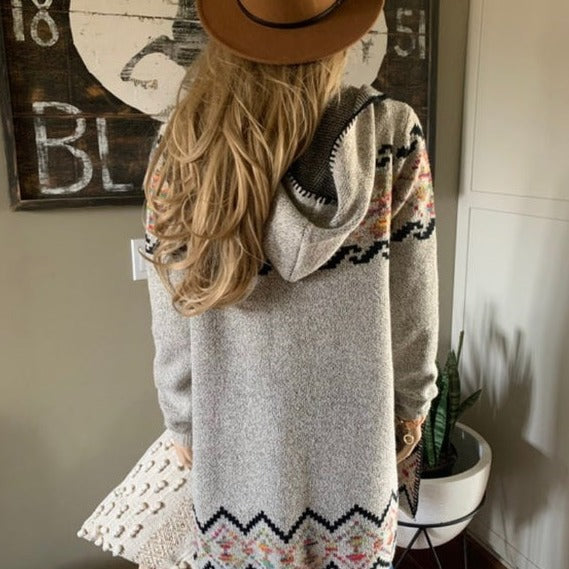 Rock Springs Tribal Print Hooded Cardigan Sweater in Grey
