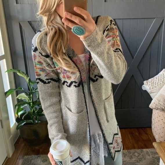 Rock Springs Tribal Print Hooded Cardigan Sweater in Grey