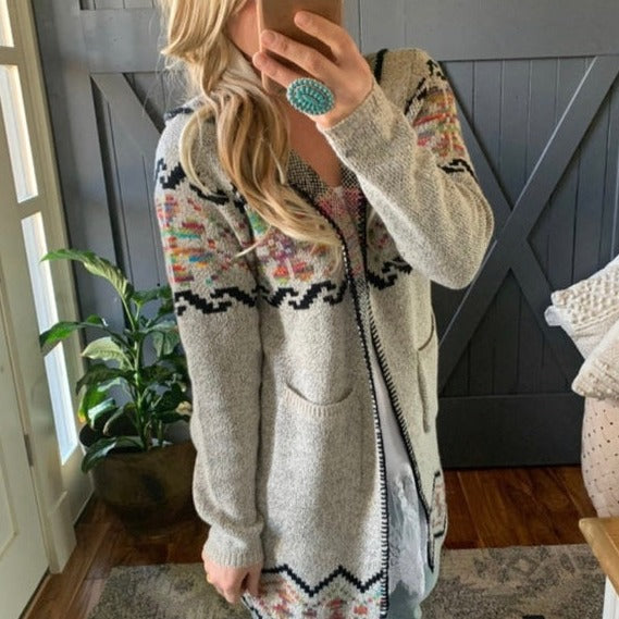 Rock Springs Tribal Print Hooded Cardigan Sweater in Grey