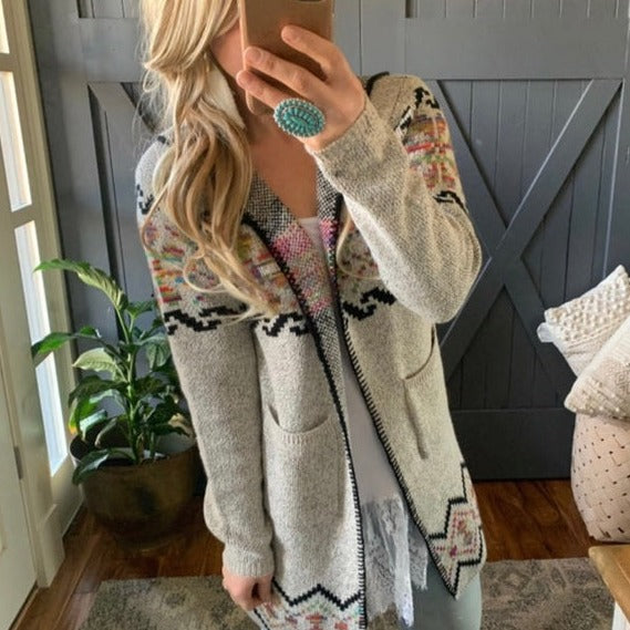 Rock Springs Tribal Print Hooded Cardigan Sweater in Grey
