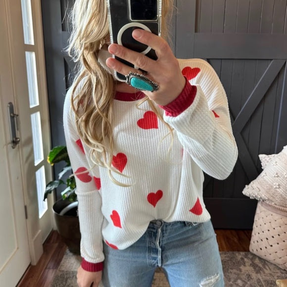 Heart Print Waffle Weave Thermal Top