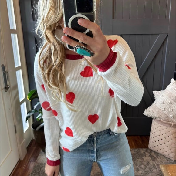Heart Print Waffle Weave Thermal Top