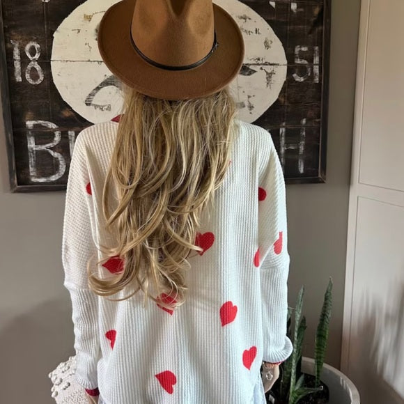 Heart Print Waffle Weave Thermal Top