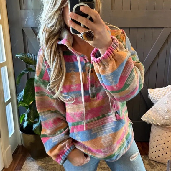 Wylie Aztec Native Print Pullover Hooded Jacket in Pink