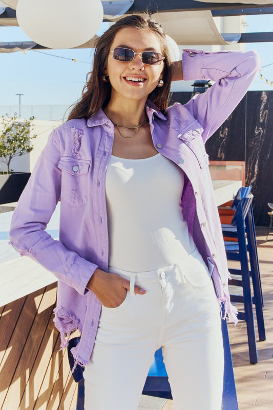 American Bazi Full Size Distressed Button Down Denim Jacket in Lavender