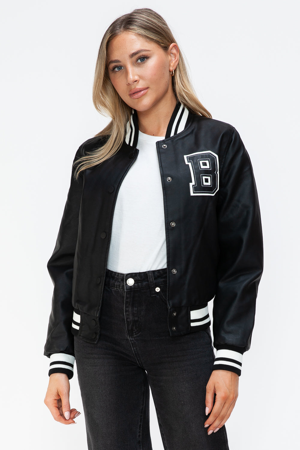 Love Me Now PU Leather Contrast Snap Down Bomber Jacket