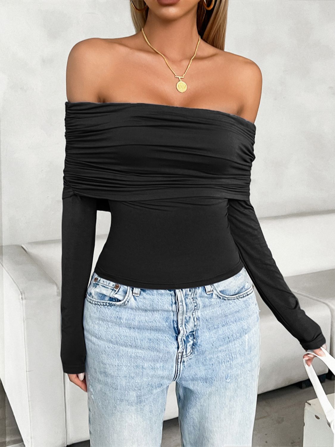 Devine Ruched Off-Shoulder Long Sleeve T-Shirt