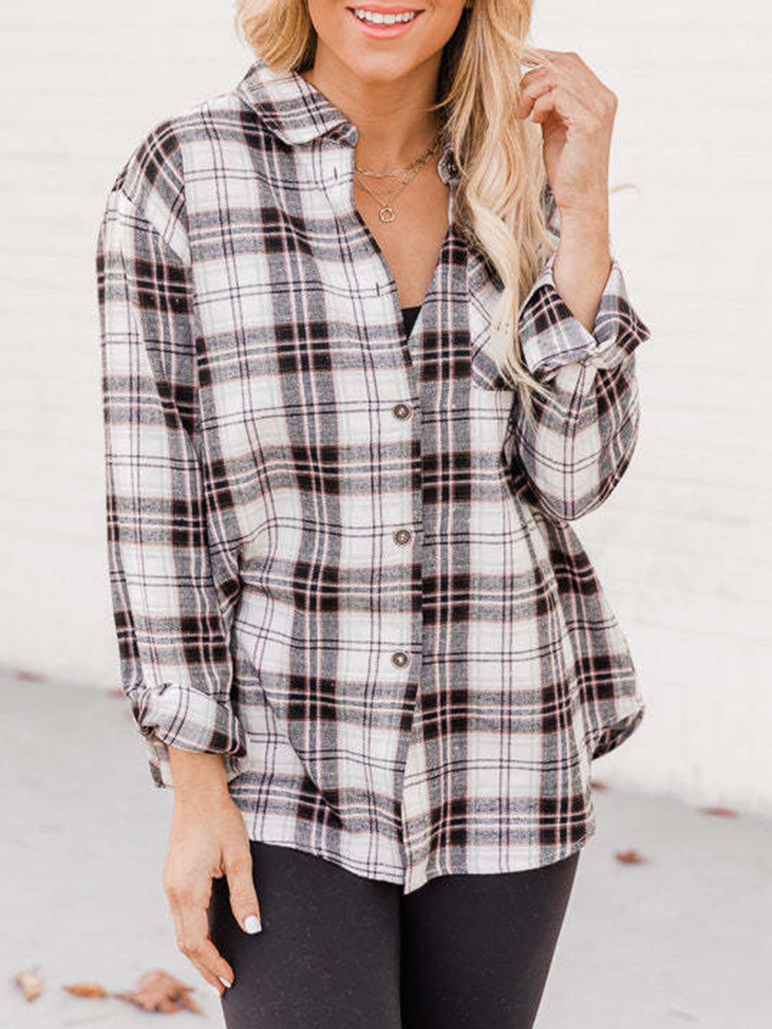 Plaid Collared Neck Long Sleeve Shirt