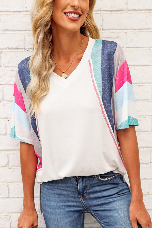 Rainbow Stripe Slit V-Neck T-Shirt