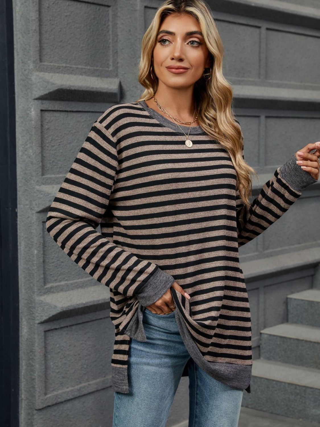 Striped Round Neck Long Sleeve T-Shirt