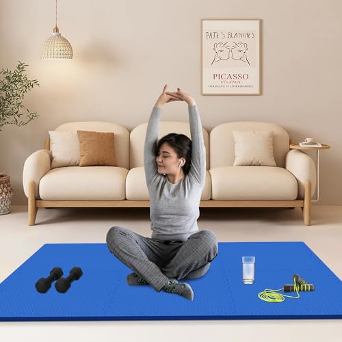 Signature Fitness Puzzle Exercise Mat with EVA Foam Interlocking Tiles, Blue, 3/4” Thick, 6 Tiles, 24 Sq Ft