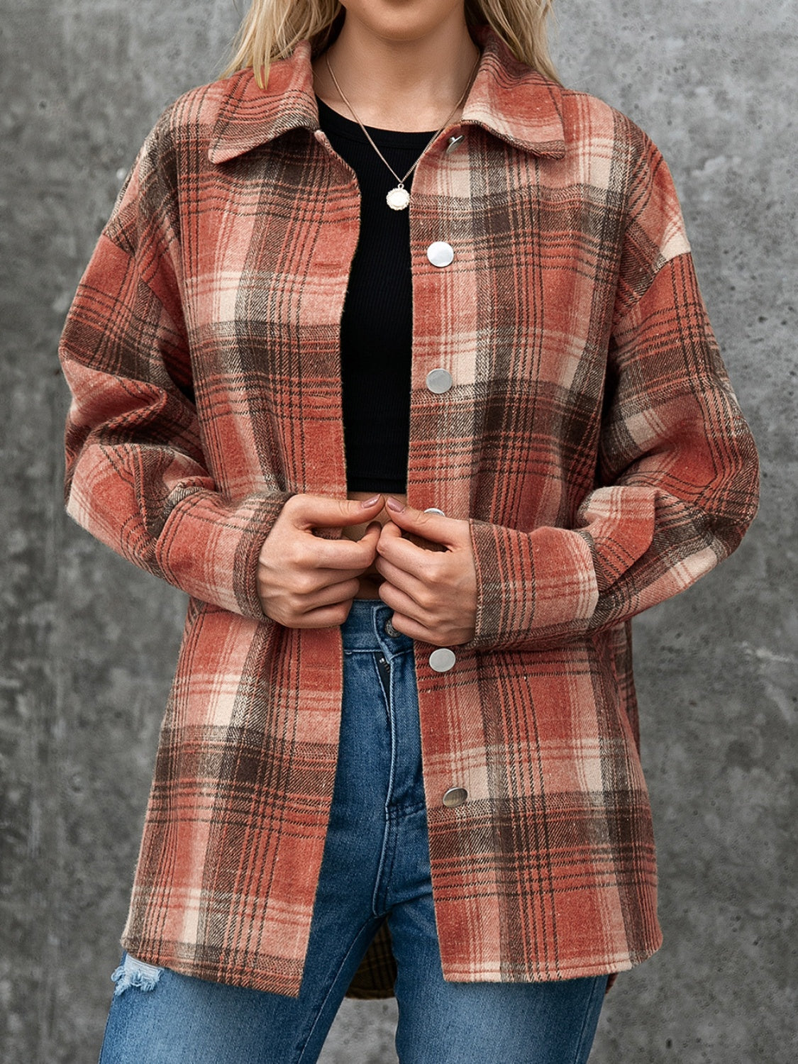 Ivy Lane Plaid Button Up Long Sleeve Jacket