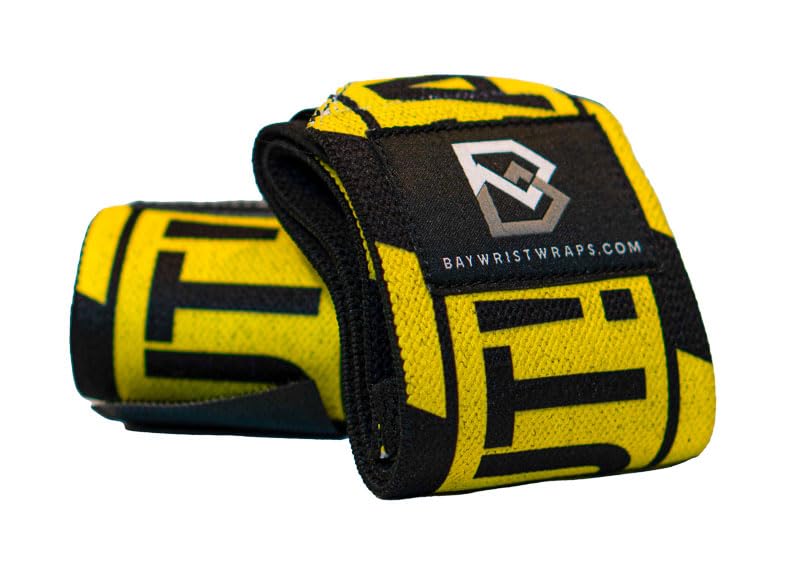 Bay Wrist Wraps Weightlifting Workout Wrist Brace - Adjustable, One Size Fits All - Comfort Wrist Wraps for Weightlifting with Thumb Loop, Lifting Wrist Straps in Caution - 18-inch Wrist Wrap