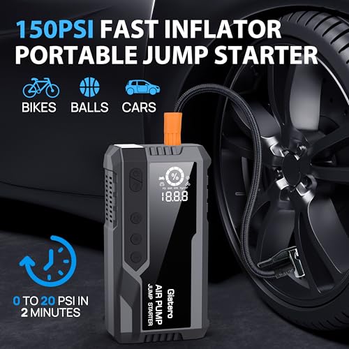 Giatero Jump Starter with Air Compressor, 4000A 150PSI Car Battery Jump Starter Portable (9.0L Gas/8.0L Diesel), 12V Jump Box Battery Pack with Large LCD Display, 3 Modes Flashlight and Storage Bag