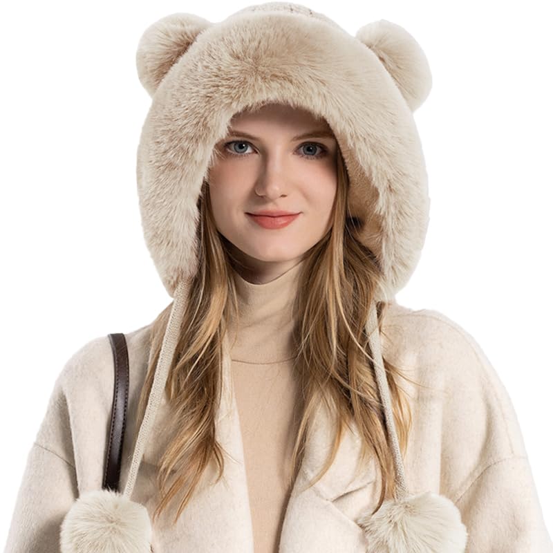 KAZZHA Winter Knitted Beanie with Pompom for Women Fluffy Fur Hat Fuzzy Skull Cap Warm Ear Flaps Ski Snow Hat Cute