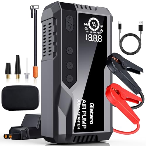 Giatero Jump Starter with Air Compressor, 4000A 150PSI Car Battery Jump Starter Portable (9.0L Gas/8.0L Diesel), 12V Jump Box Battery Pack with Large LCD Display, 3 Modes Flashlight and Storage Bag
