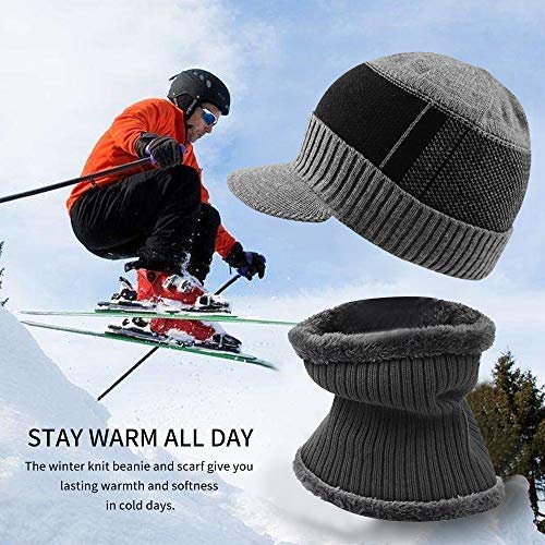 XIAOHAWANG 2-Pieces Winter Hat Scarf Set Knit Cable Visor Beanie Warm Scarves Fleece Lining Patchwork Stripe Newsboy Cap with Brim for Outdoor Sport(Grey)