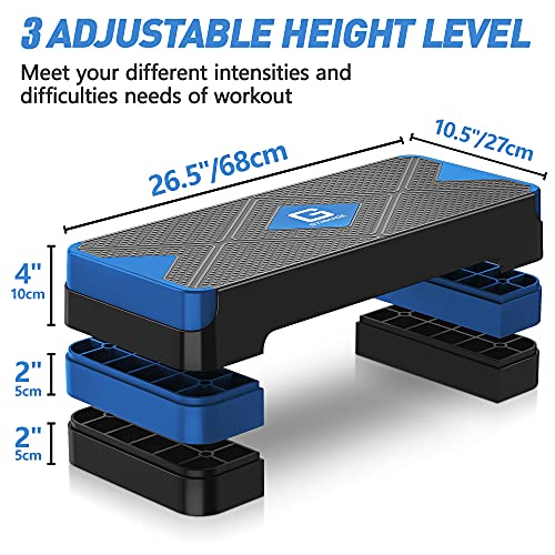 GYMMAGE Aerobic Exercise Step, Adjustable Aerobic Stepper for Exercise, Workout Step Platform for Step Up, 26.5" Step Deck with 4” 6” 8” Adjustable Height Risers, Women Home Gym Cardio Fitness