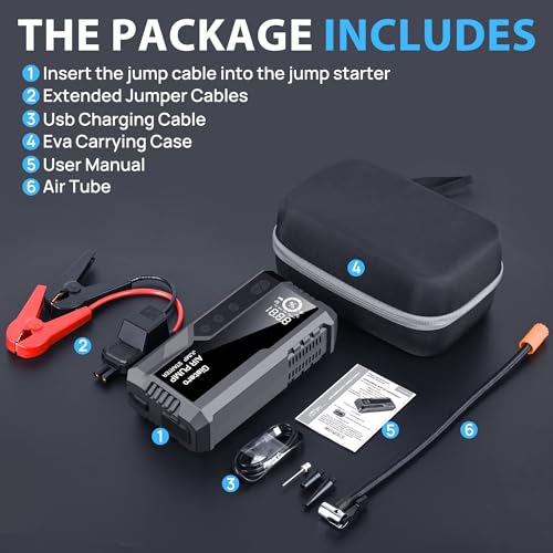 Giatero Jump Starter with Air Compressor, 4000A 150PSI Car Battery Jump Starter Portable (9.0L Gas/8.0L Diesel), 12V Jump Box Battery Pack with Large LCD Display, 3 Modes Flashlight and Storage Bag