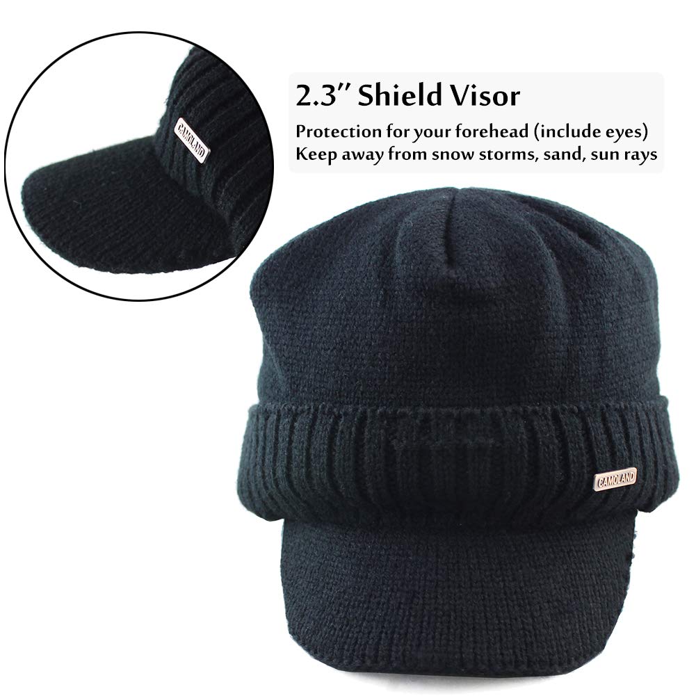 30% Wool Winter Beanie w/Visor & Earflaps for Men Outdoor Fleece Hat Scarf Set