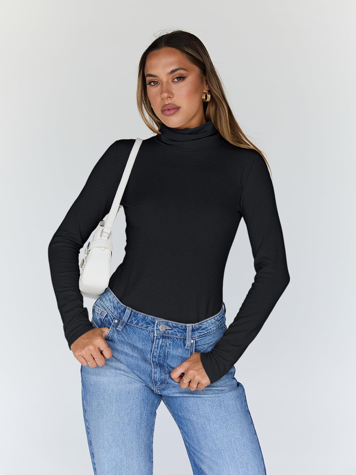 Trendy Queen Women's Turtleneck Long Sleeve Shirts Fall Fashion BasicThermal Underwear Tops Winter Clothes 2024 Black M