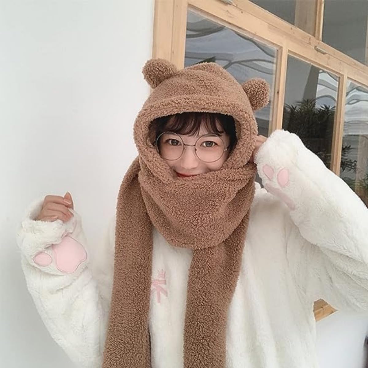 Women Kawaii Bear Ear Beanie Hat Scarf 2 in 1, Cute Winter Warm Sherpa Thicken Fleece Fuzzy Japanese Fluffy Knit Hat (Coffee)