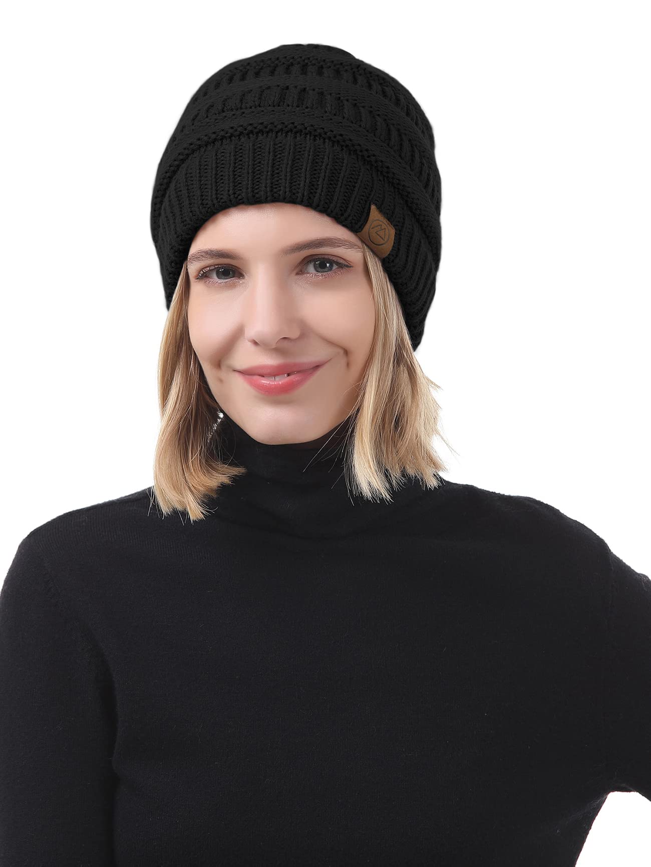 American Trends Winter Hats for Women Satin Lined Beanie Hats Cable Warm Knit Skull Cap Thick Slouchy Beanie Black&Black Mix&Black Grey Mix
