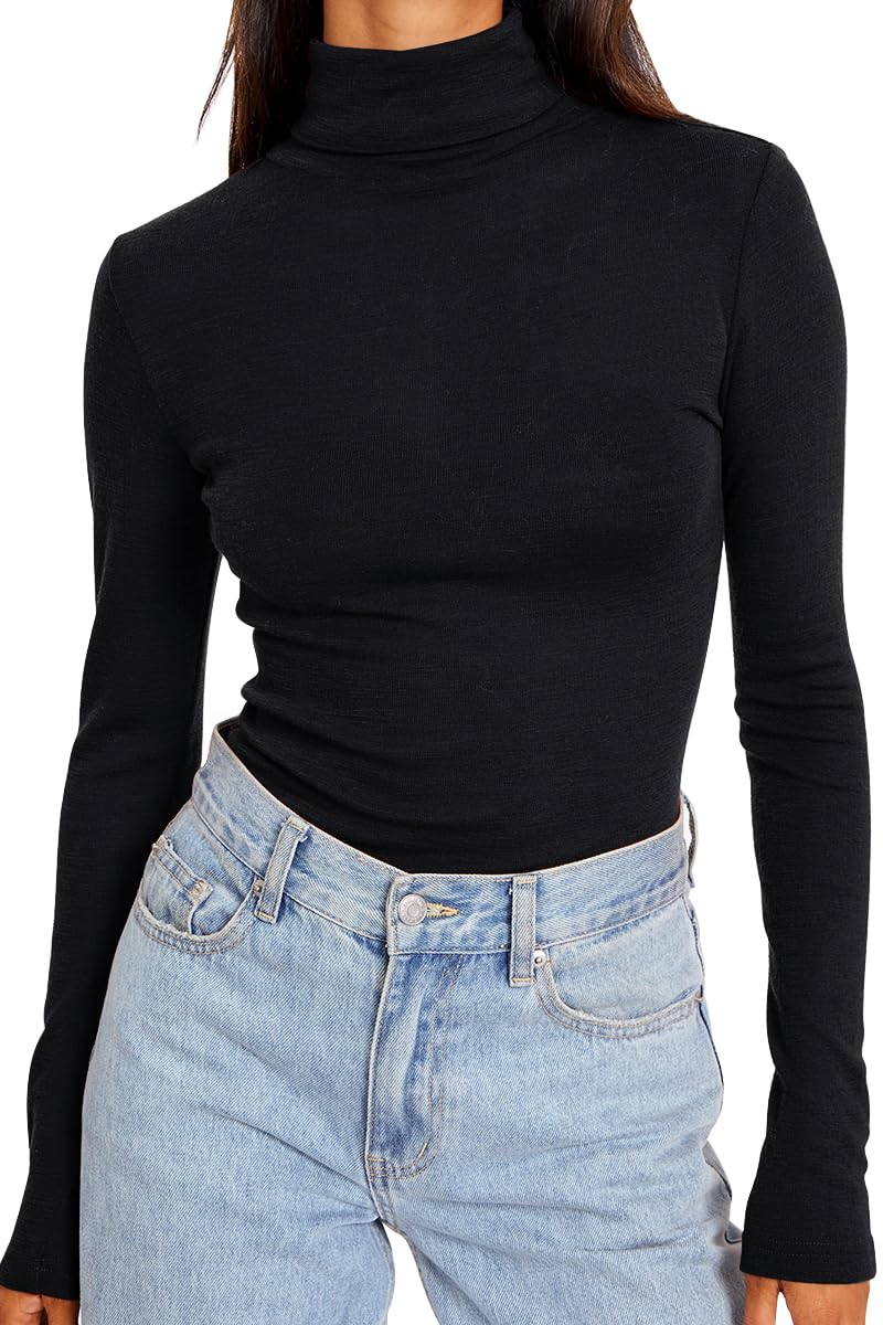 Trendy Queen Women's Turtleneck Long Sleeve Shirts Fall Fashion BasicThermal Underwear Tops Winter Clothes 2024 Black M