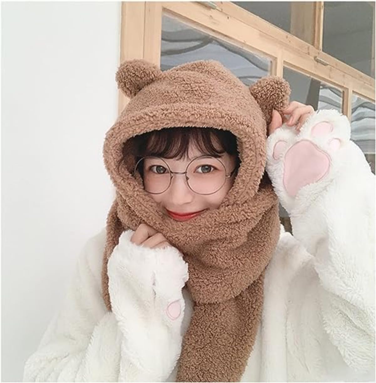 Women Kawaii Bear Ear Beanie Hat Scarf 2 in 1, Cute Winter Warm Sherpa Thicken Fleece Fuzzy Japanese Fluffy Knit Hat (Coffee)