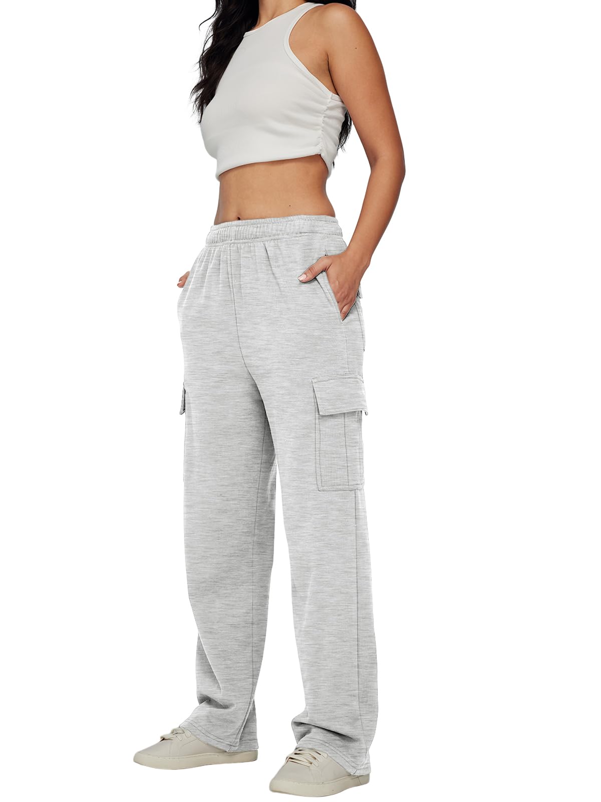 Trendy Queen Womens Cargo Sweatpants Wide Leg Baggy Fleece High Waisted Sweats Pants Winter Clothes with Pockets Grey M