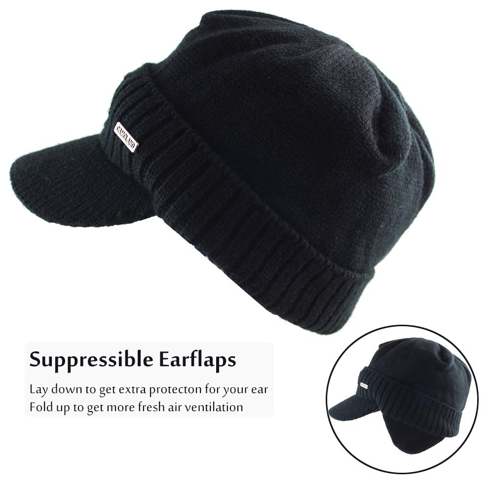 30% Wool Winter Beanie w/Visor & Earflaps for Men Outdoor Fleece Hat Scarf Set