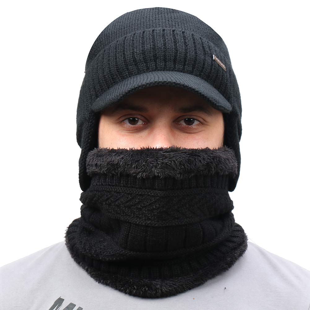 30% Wool Winter Beanie w/Visor & Earflaps for Men Outdoor Fleece Hat Scarf Set