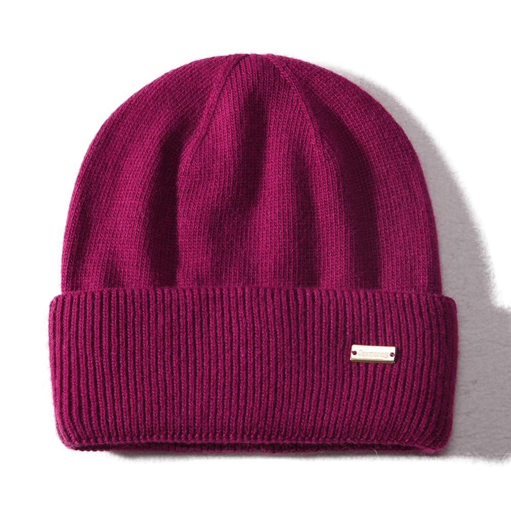 jaxmonoy Wool Knit Beanies Winter Hats for Women and Men Soft Cashmere Warm Double Layer Ladies Skull Beanie caps - Fushia