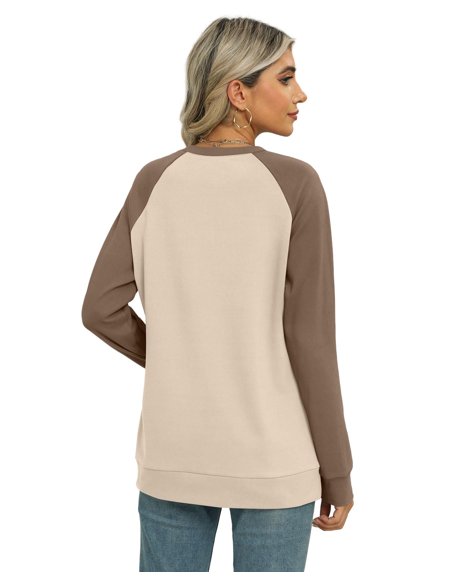 OFEEFAN Long Sleeve Shirts for Women Crewneck Sweatshirts Warm Winter Clothes Soft Khaki L
