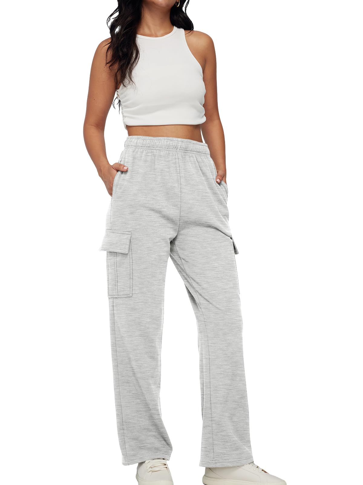 Trendy Queen Womens Cargo Sweatpants Wide Leg Baggy Fleece High Waisted Sweats Pants Winter Clothes with Pockets Grey M