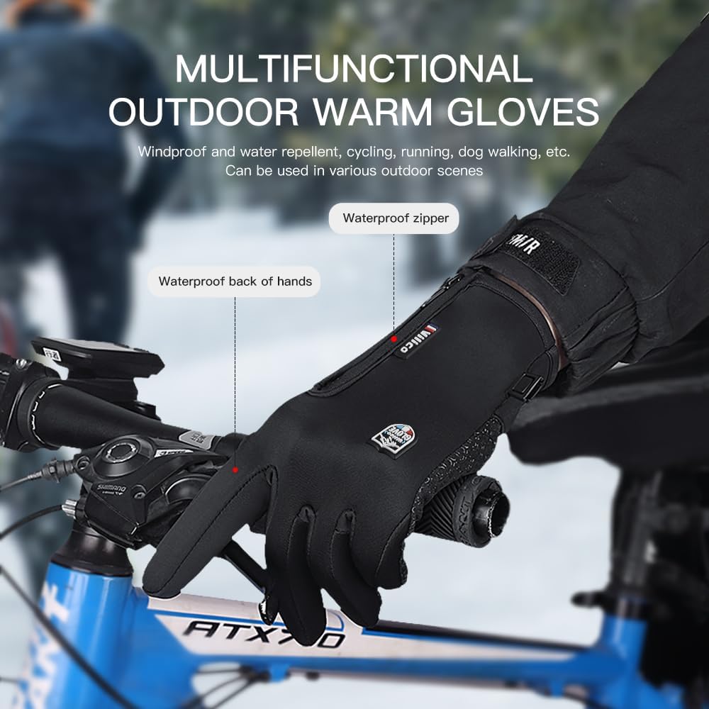 TEMEI Winter Thermal Gloves for Men and Women, Touch Screen Texting Fingers Waterproof Windproof Anti Slip Warm Gloves for Hiking Driving Running Cycling (Black, Small)